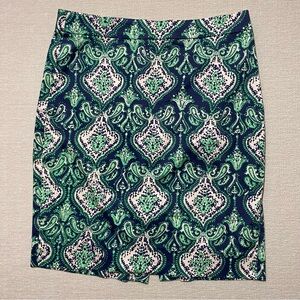 J. Crew Navy and Green Paisley Pencil Skirt
